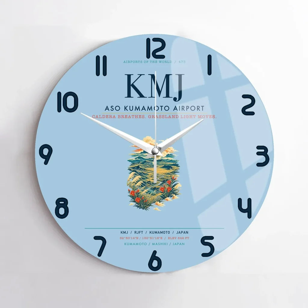 Aso Kumamoto Airport (KMJ) design on light blue no frame wall clock