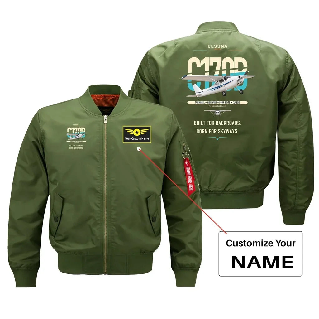 Cessna 170B design on green+name bomber jacket, double-side print