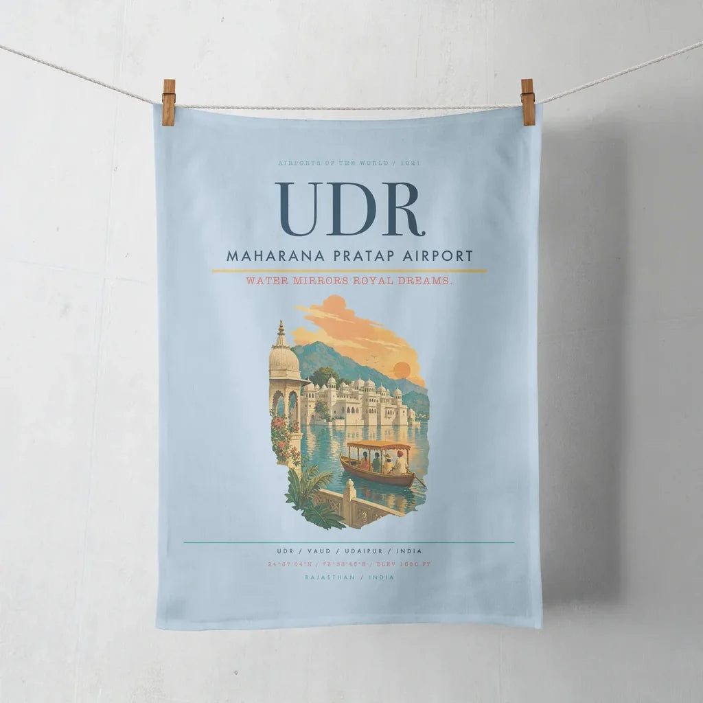 Maharana Pratap Airport (UDR) design on light blue towel