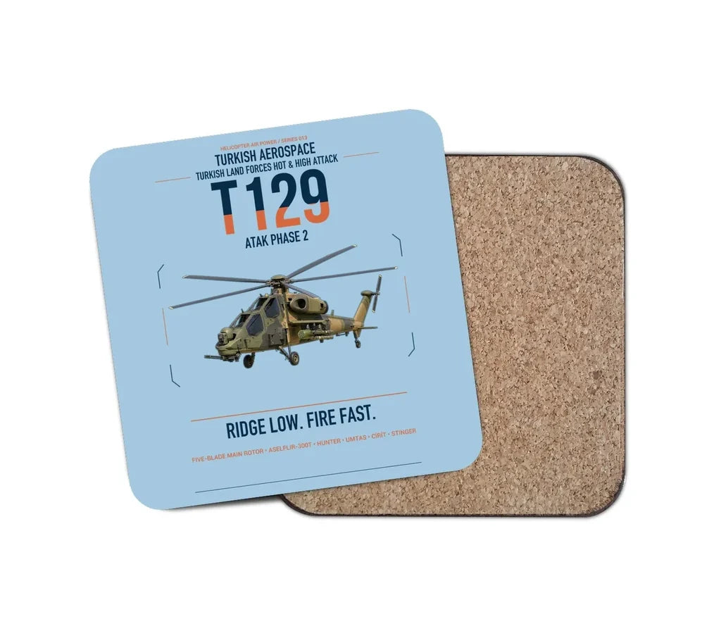 Turkish Aerospace T129 ATAK Phase 2 design on light blue 1 piece coaster
