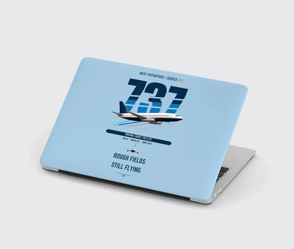 Boeing 737-200 design on light blue MacBook case