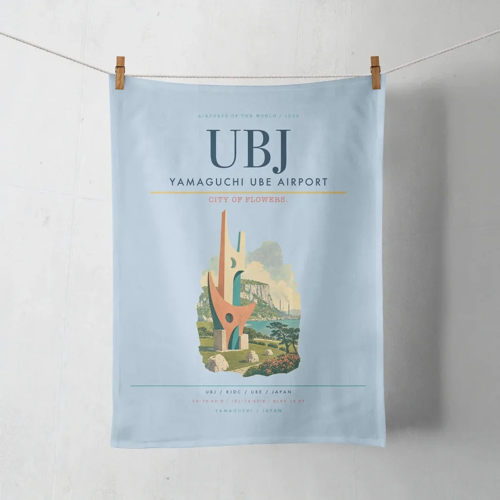Yamaguchi Ube Airport (UBJ) design on light blue towel