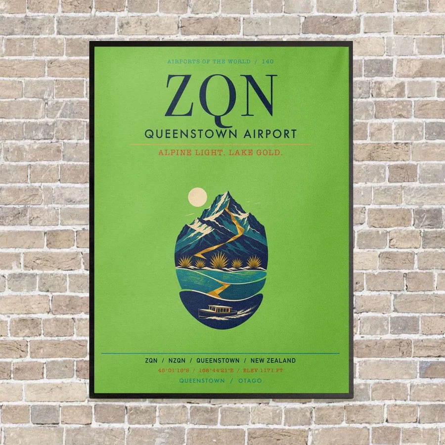 Queenstown Airport ZQN vertical canvas print - framed - light green background
