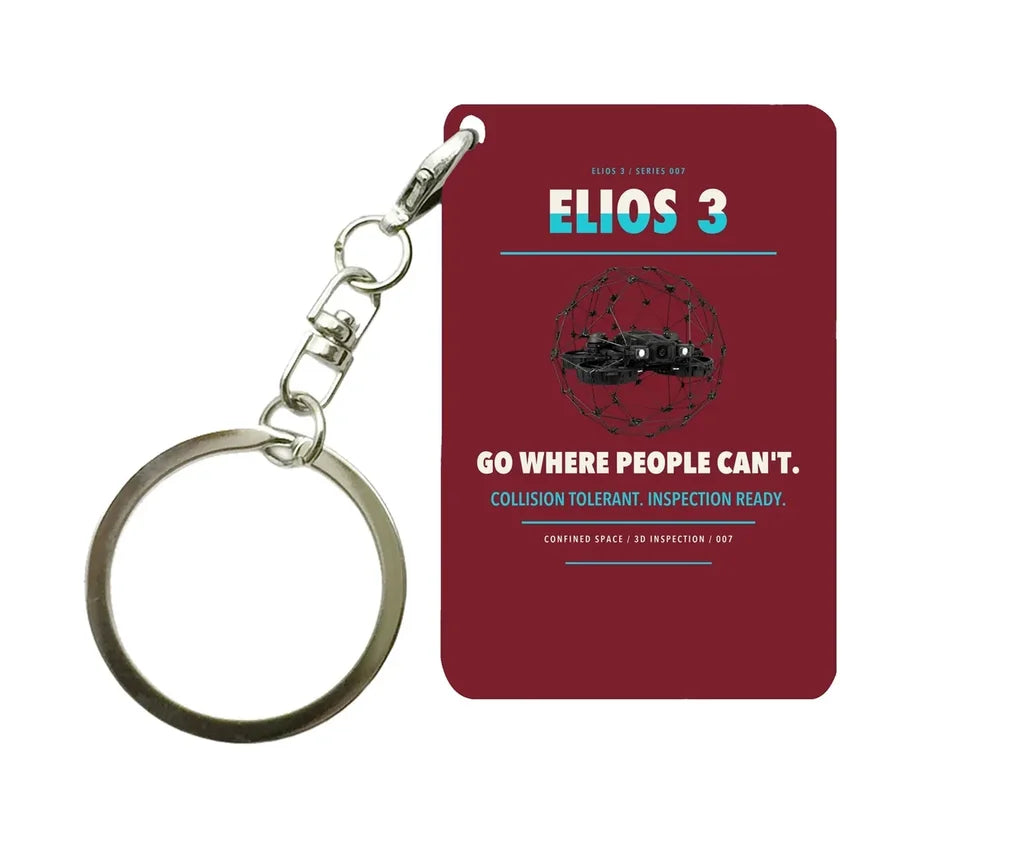 Flyability Elios 3 Key Chain design on dark red key chain