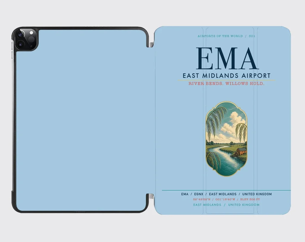 East Midlands Airport (EMA) design on light blue ipad tablet case
