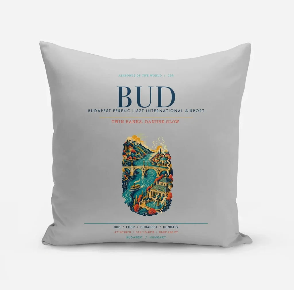 Budapest Ferenc Liszt International Airport (BUD) design on light gray pillow