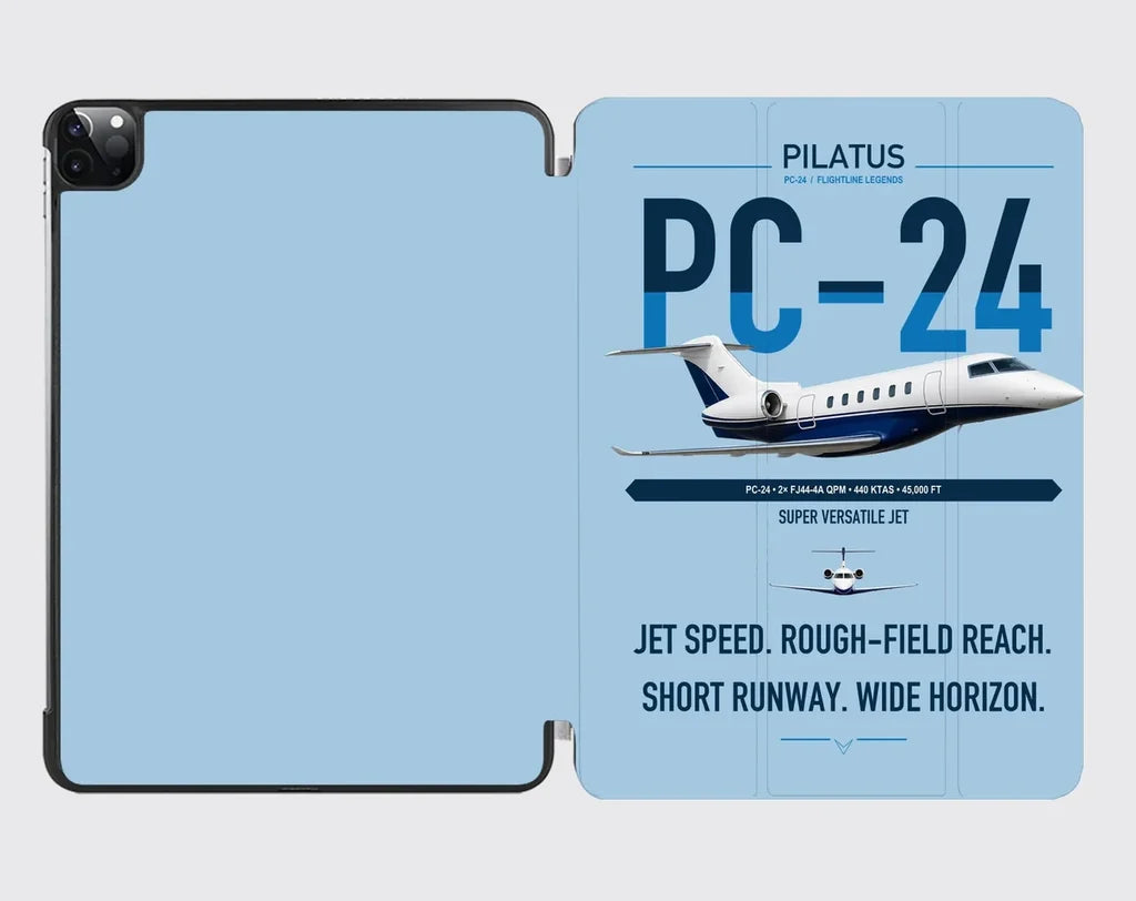 Pilatus PC-24 design on light blue ipad tablet case