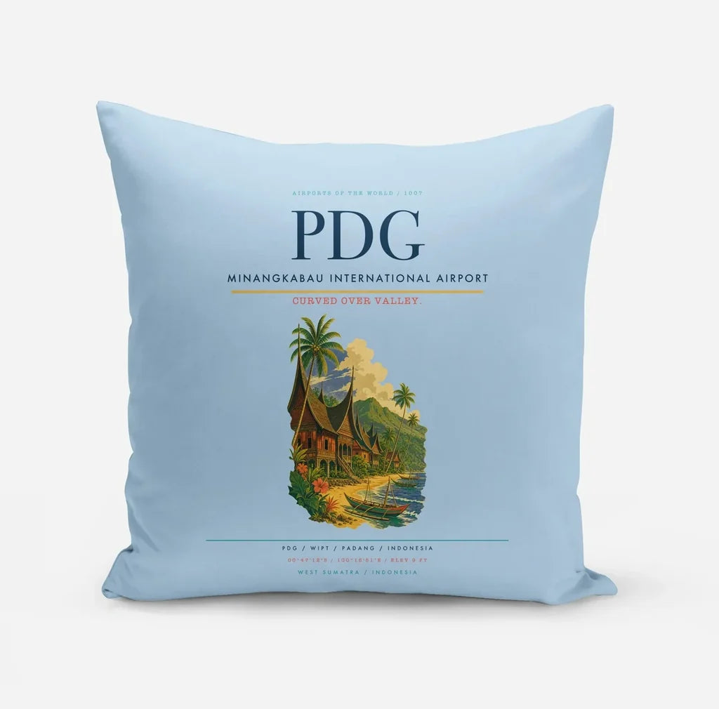 Minangkabau International Airport (PDG) design on light blue pillow