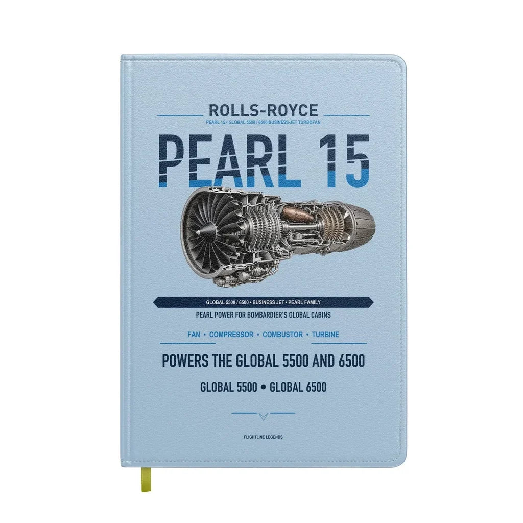 PEARL 15 design on light blue notebook