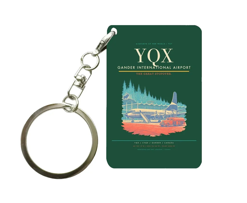 Gander International Airport (YQX) design on dark green key chain