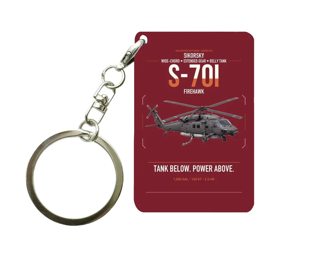 Sikorsky S-70i FIREHAWK design on dark red designed key chain, double-side print