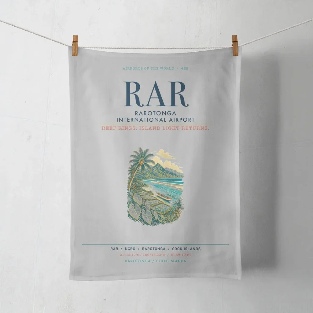 Rarotonga International Airport (RAR) design on light gray towel