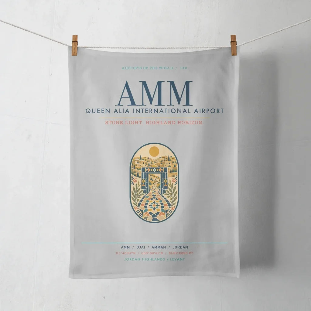 Queen Alia International Airport (AMM) design on light gray towel