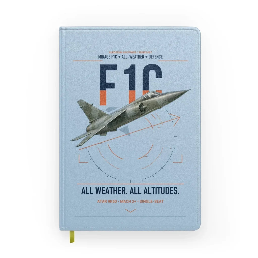 Dassault Mirage F1C design on light blue notebook