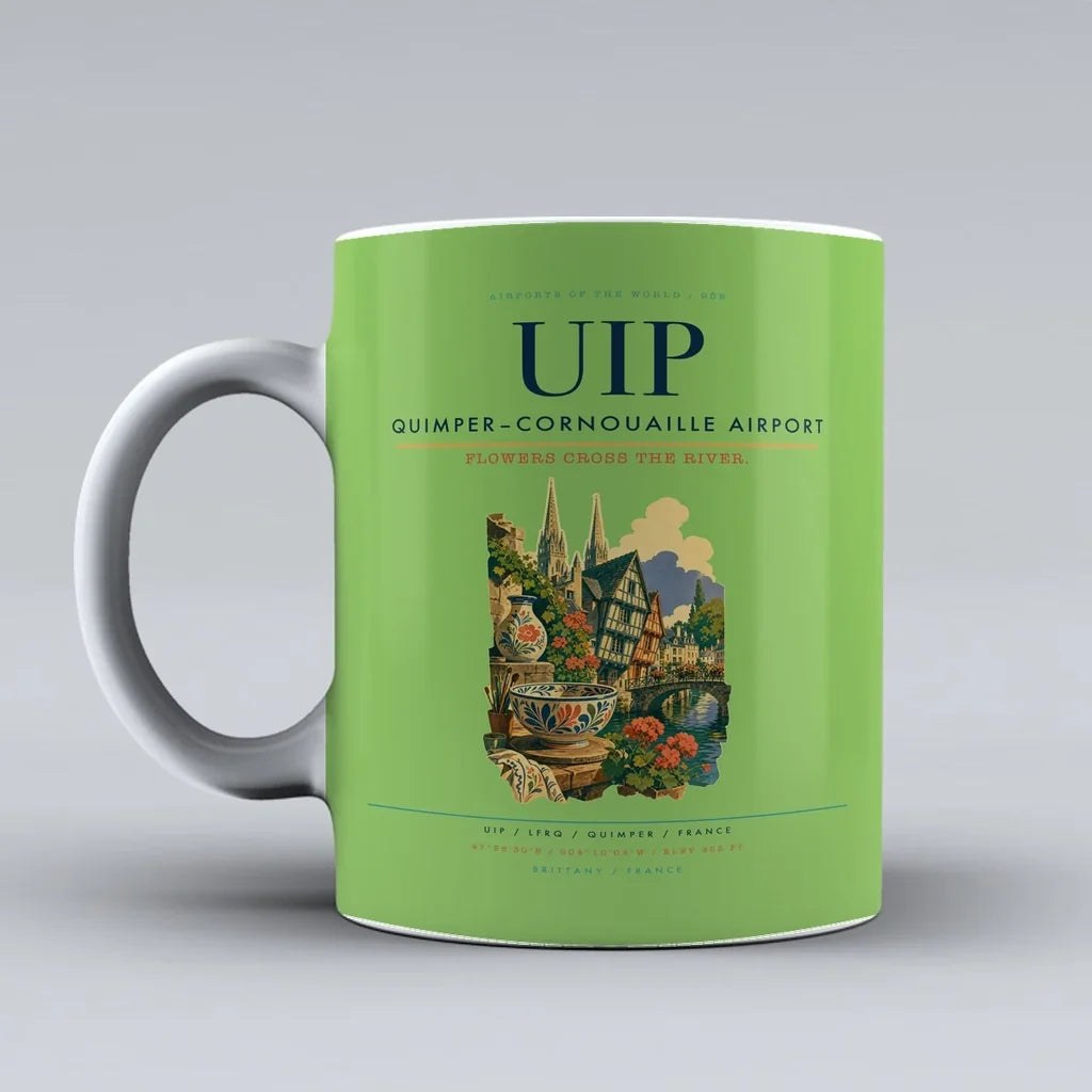 Quimper–Cornouaille Airport (UIP) airport code design on light green ceramic mug