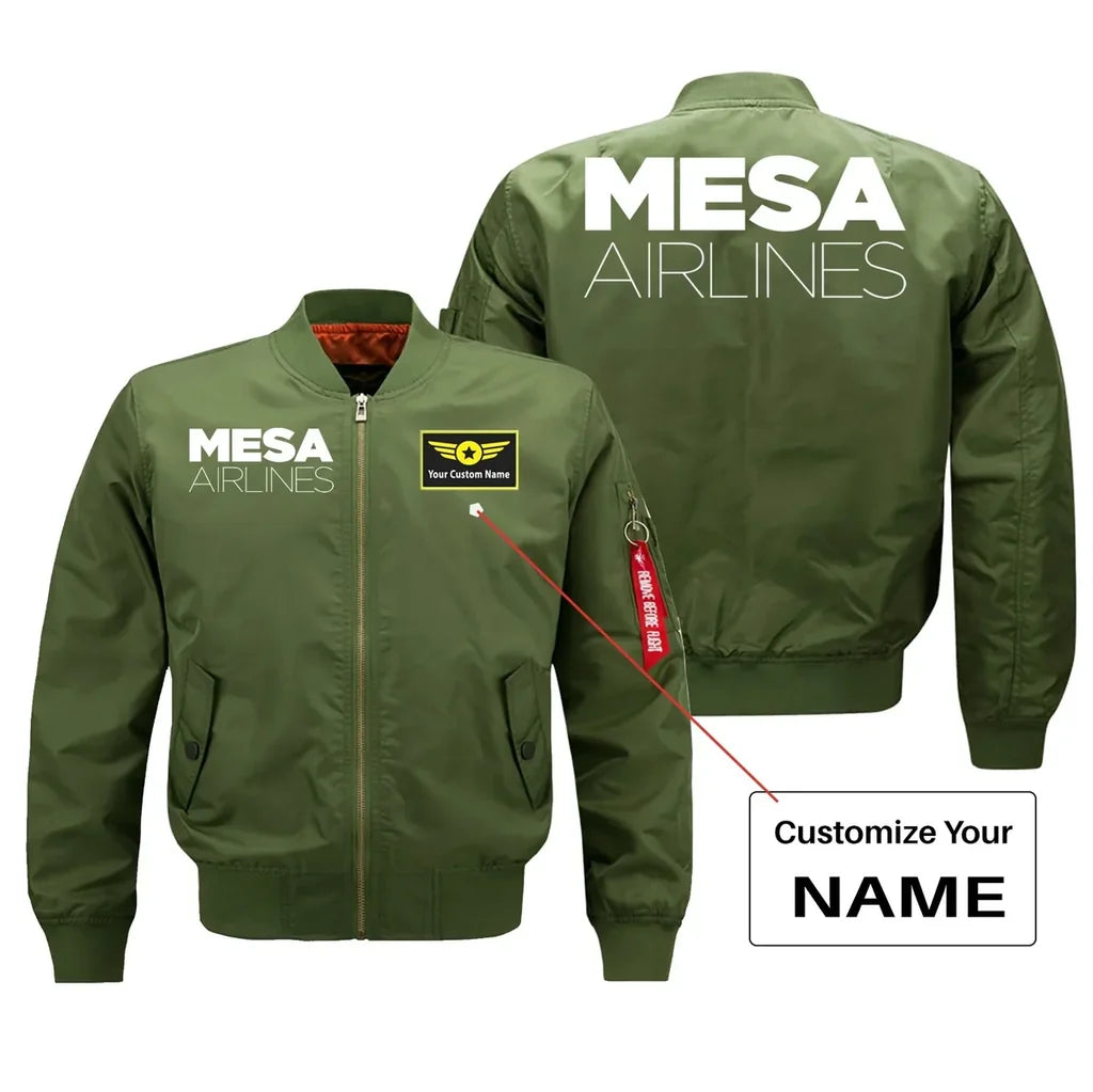 Mesa Airlines aviation design with custom name embroidered on green bomber jacket