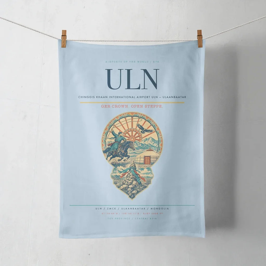 Chinggis Khaan International Airport (ULN) design on light blue towel