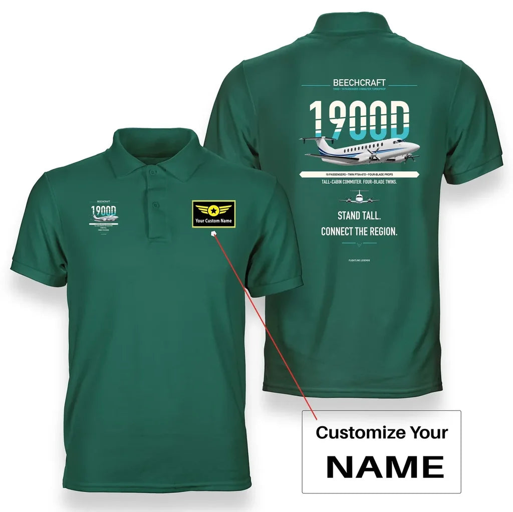Beechcraft 1900D design on green polo with custom name badge
