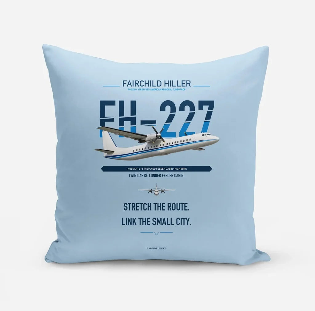 Fairchild Hiller FH-227B design on light blue pillow