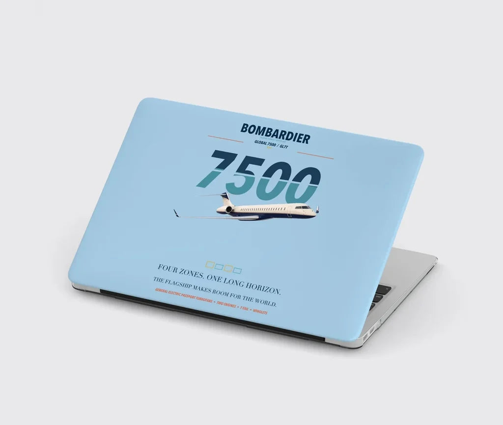 Bombardier Global 7500 design on light blue MacBook case