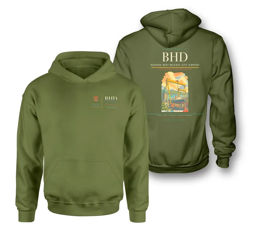 George Best Belfast City Airport (BHD) design on green army double-side hoodie