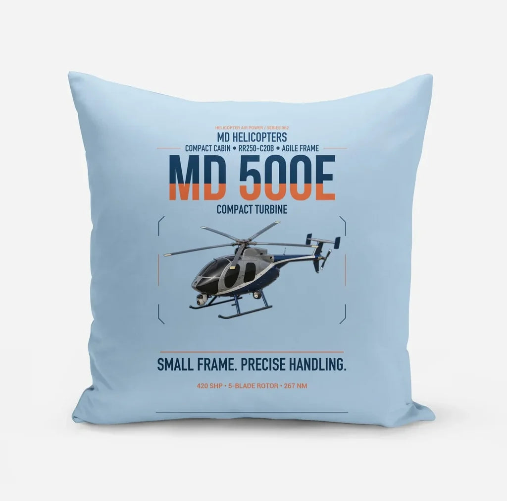 MD Helicopters MD 500E design on light blue pillow