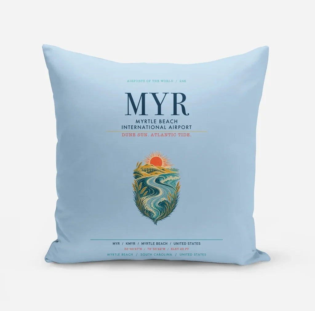 Myrtle Beach International Airport (MYR) design on light blue pillow