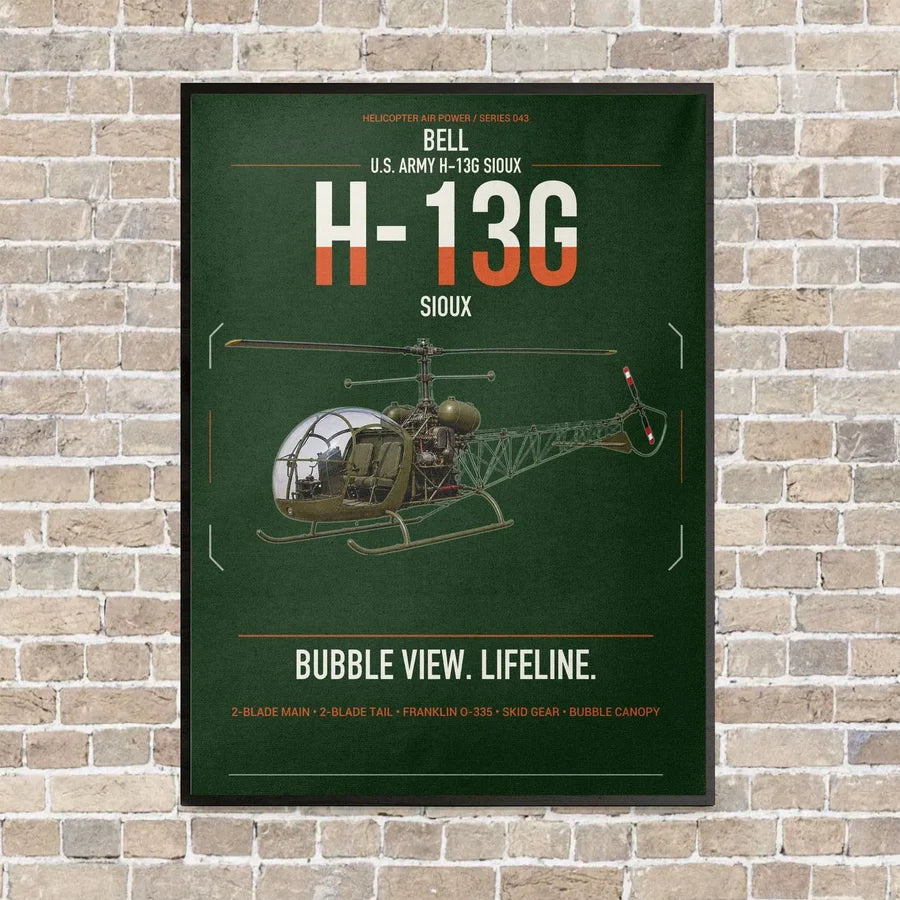 Bell H-13G Sioux vertical canvas print - framed - dark green background