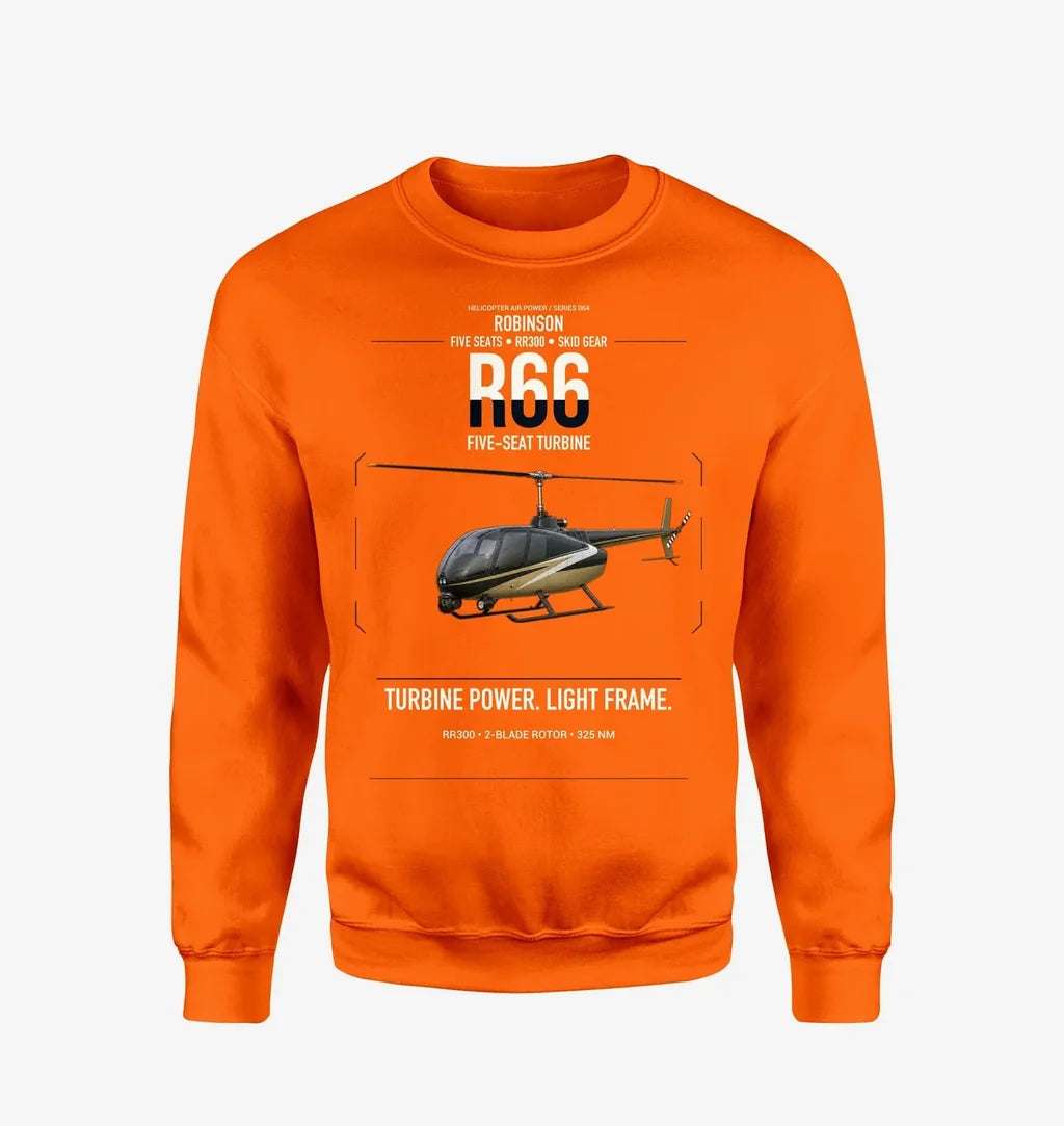 Robinson R66 design on orange sweatshirt