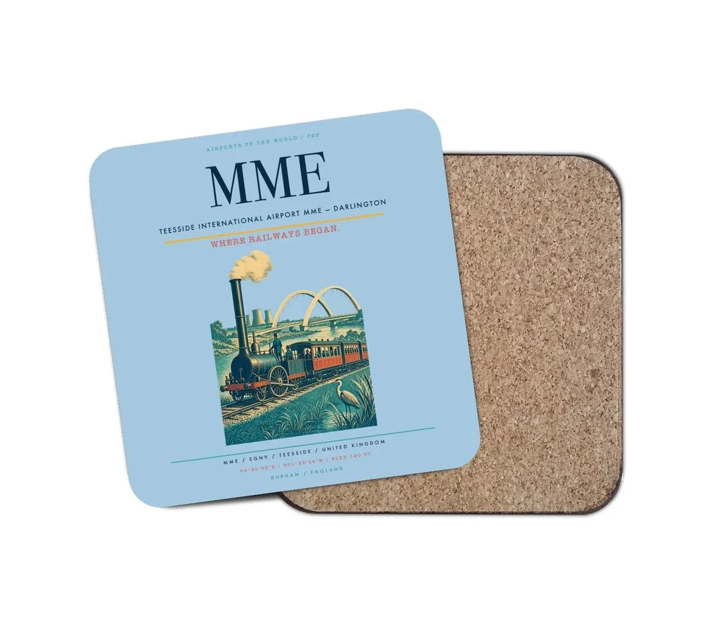 Teesside International Airport (MME) design on light blue 1 piece coaster
