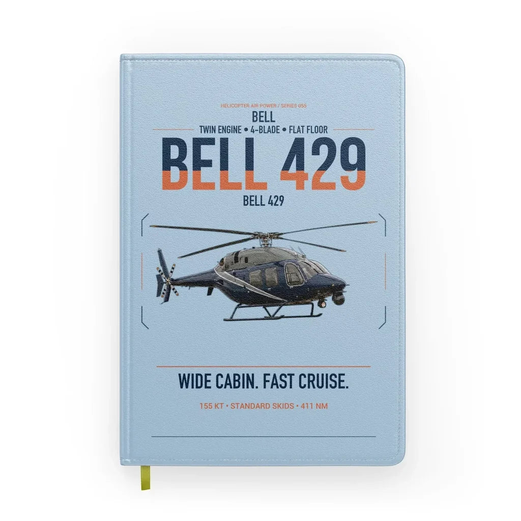 Bell 429 design on light blue notebook