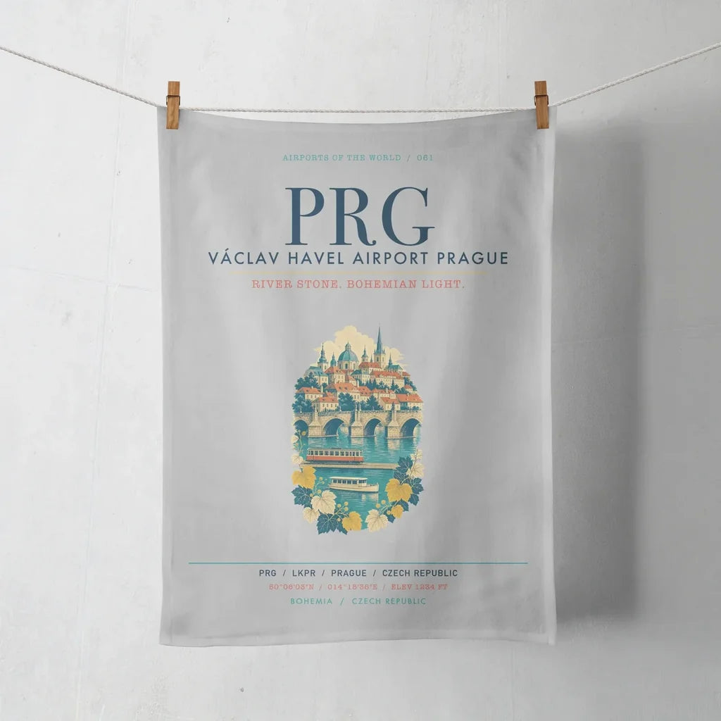 Václav Havel Airport Prague (PRG) design on light gray towel