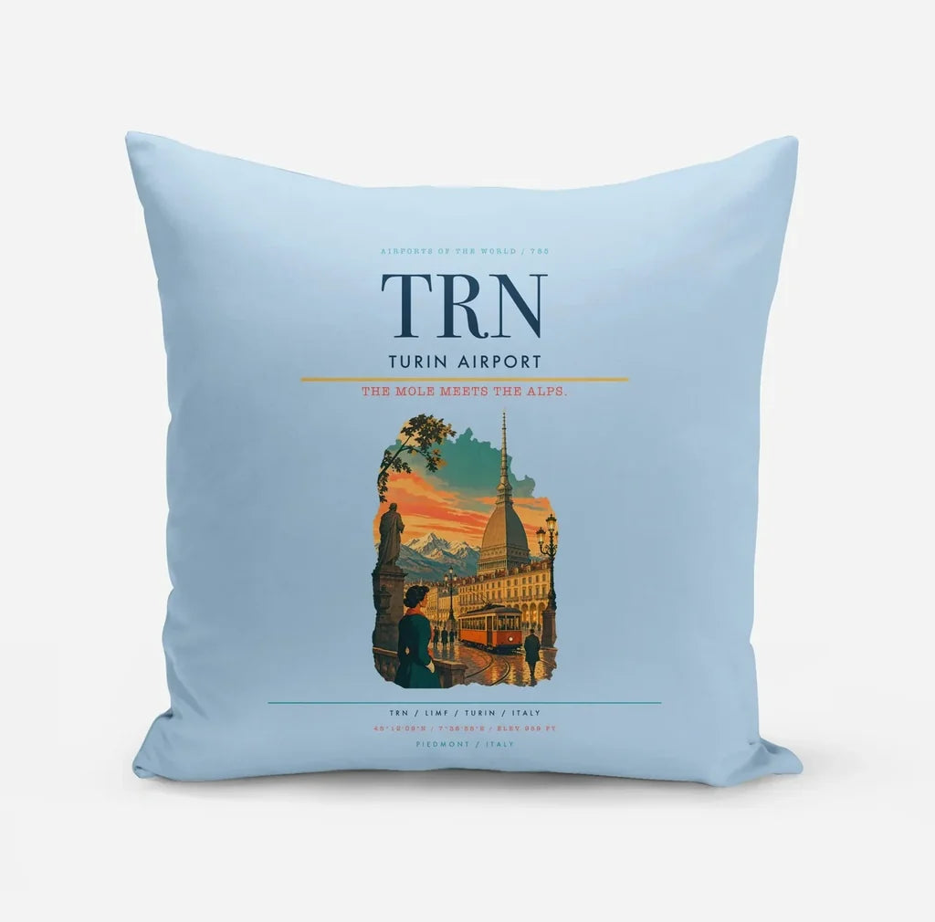 Turin Airport (TRN) design on light blue pillow