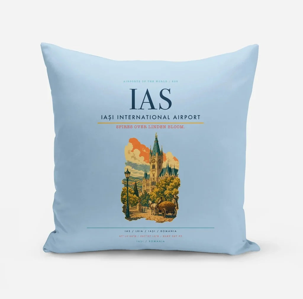 Iași International Airport (IAS) design on light blue pillow