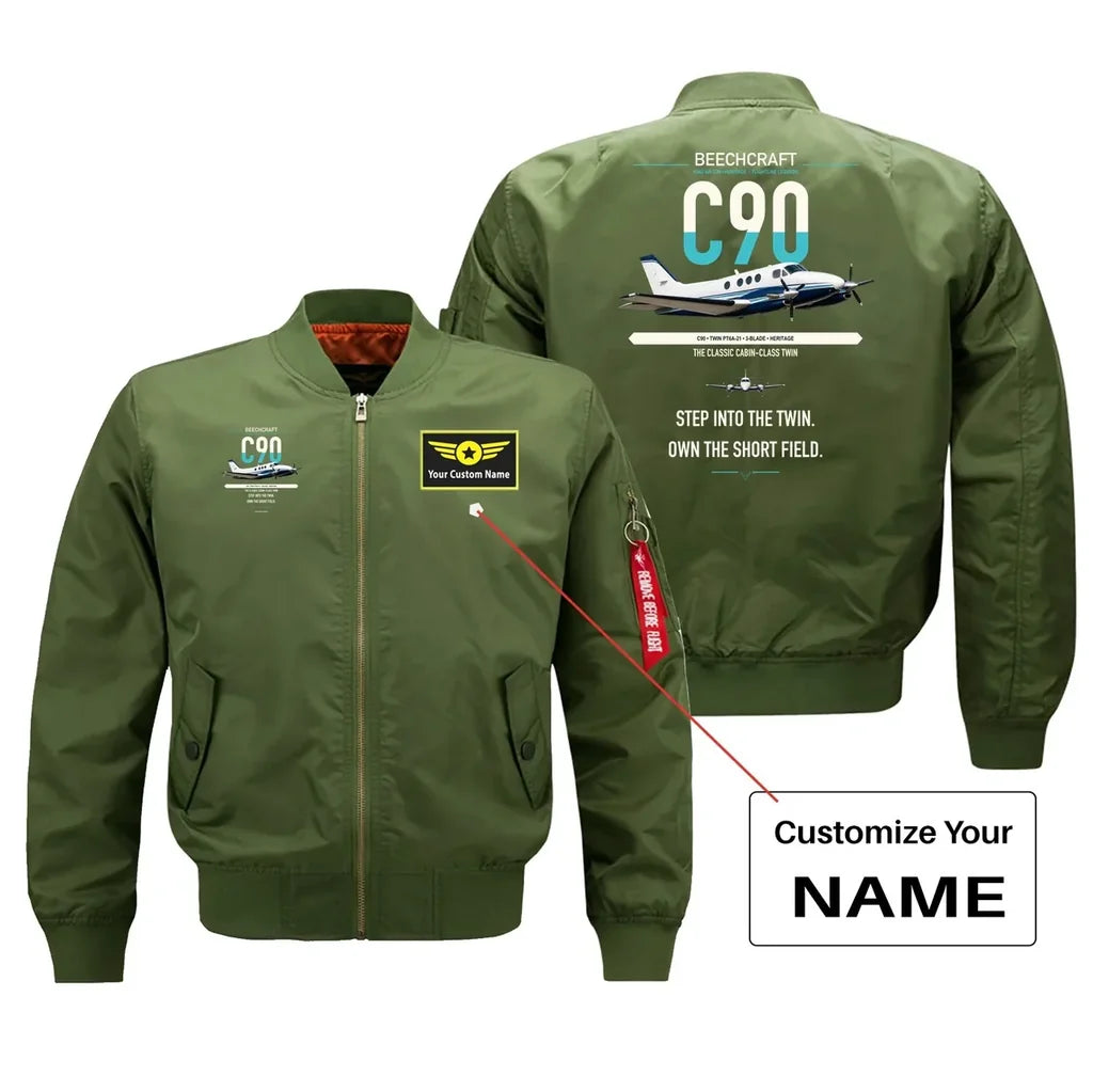 Beechcraft King Air C90 design on green+name bomber jacket, double-side print