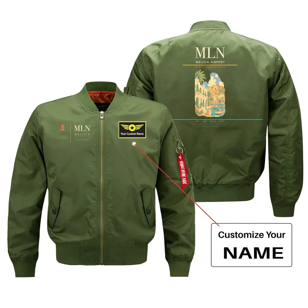 Melilla Airport (MLN) design on green bomber jacket with custom name patch