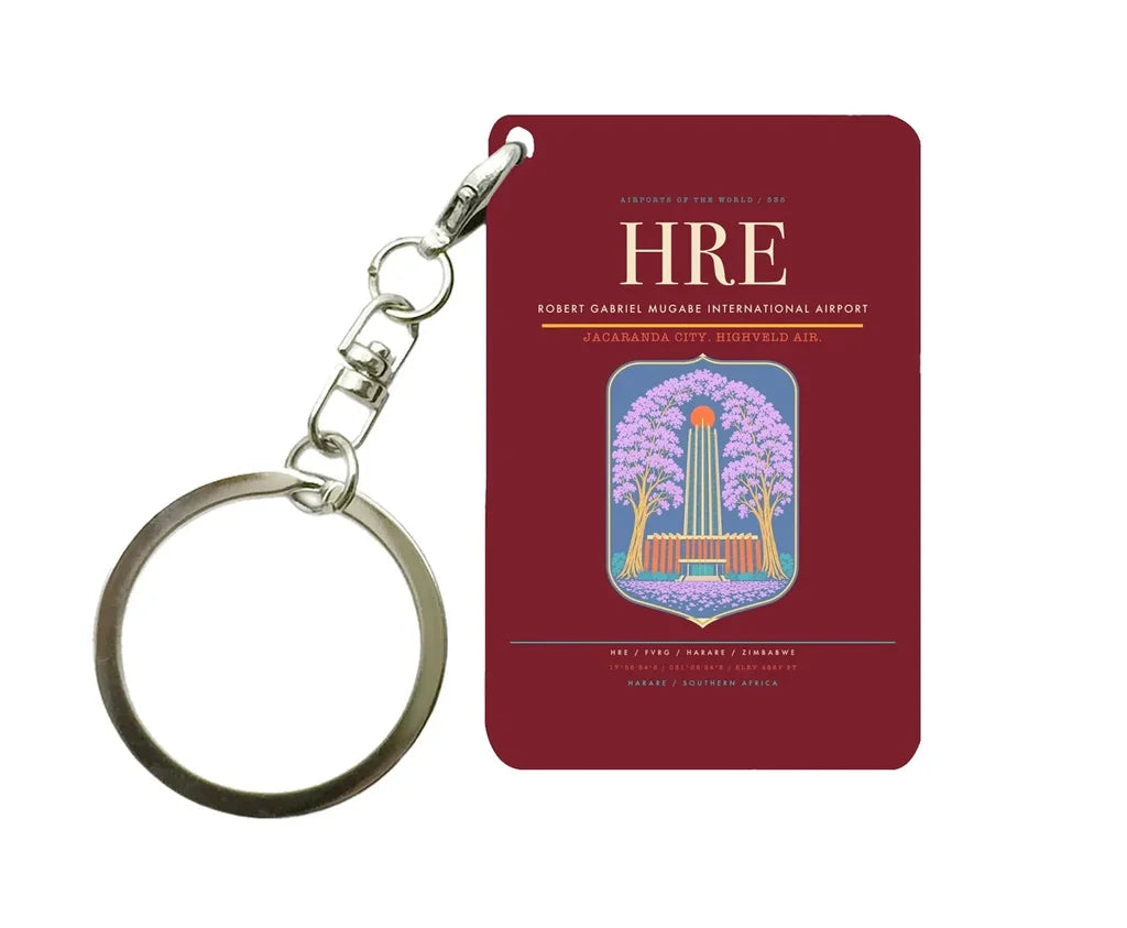 Robert Gabriel Mugabe International Airport HRE Key Chain design on dark red key chain