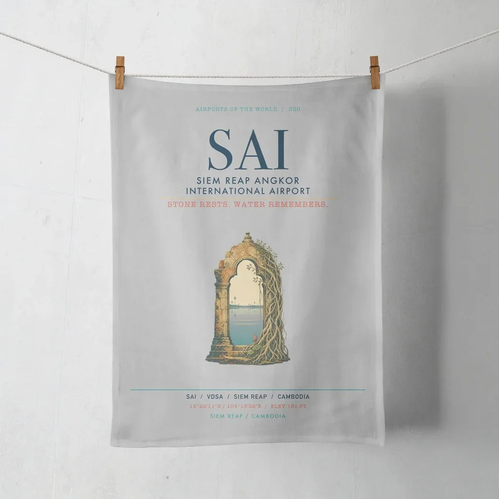 Siem Reap Angkor International Airport (SAI) design on light gray towel