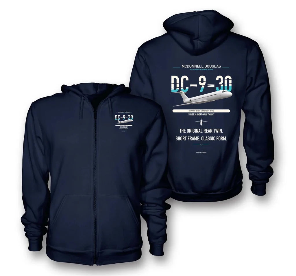 McDonnell Douglas DC-9-30 design on navy blue premium zipped hoodie, double-side print