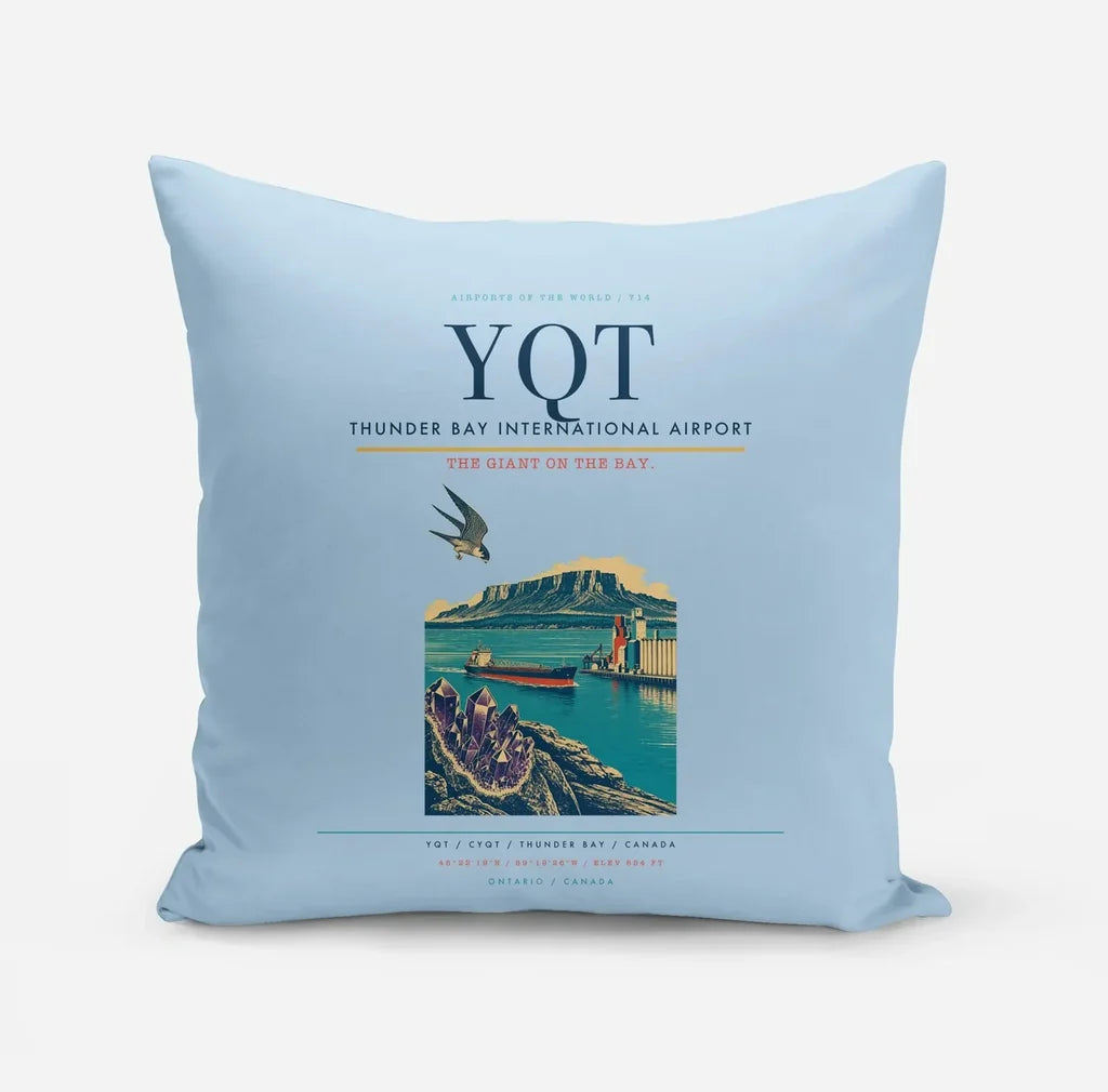 Thunder Bay International Airport (YQT) design on light blue pillow