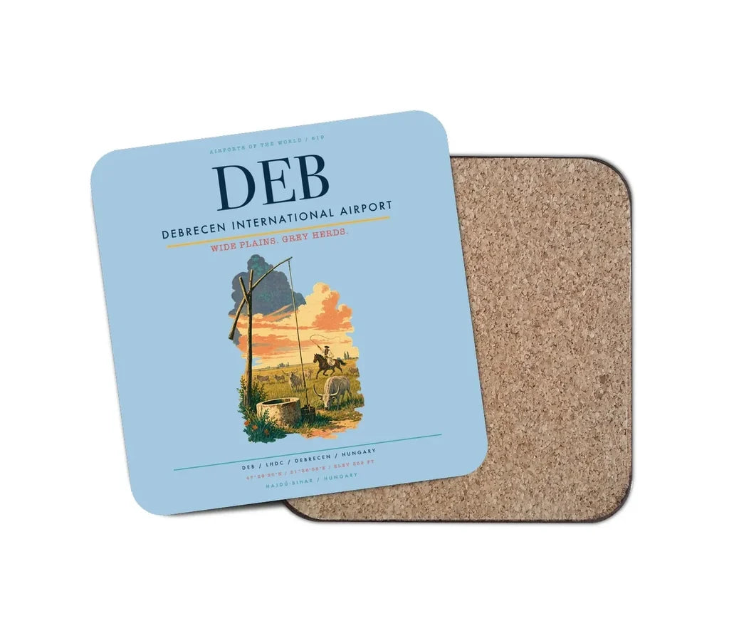Debrecen International Airport (DEB) design on light blue 1 piece coaster