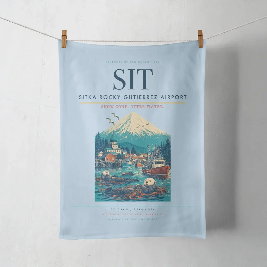 Sitka Rocky Gutierrez Airport (SIT) design on light blue towel