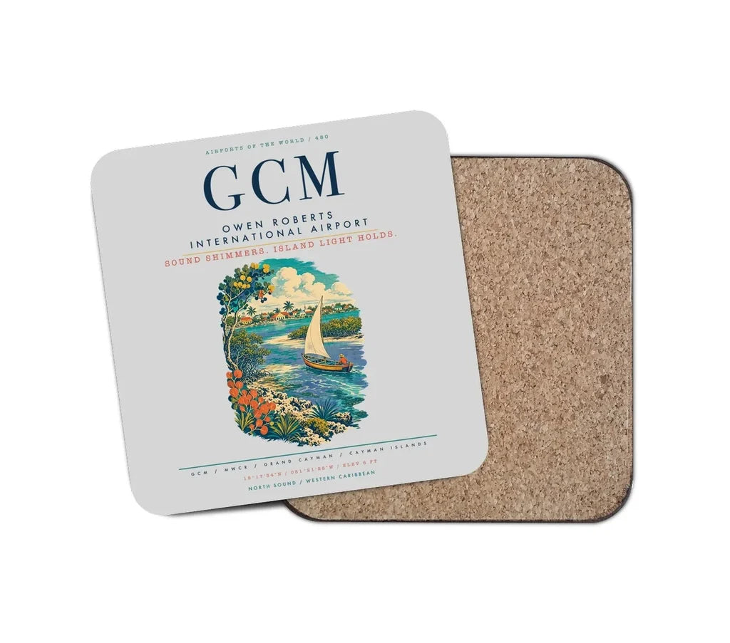 Owen Roberts International Airport (GCM) design on light gray 1 piece coaster