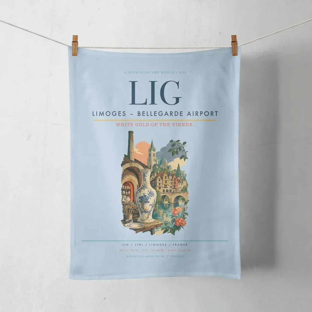 Limoges – Bellegarde Airport (LIG) design on light blue towel