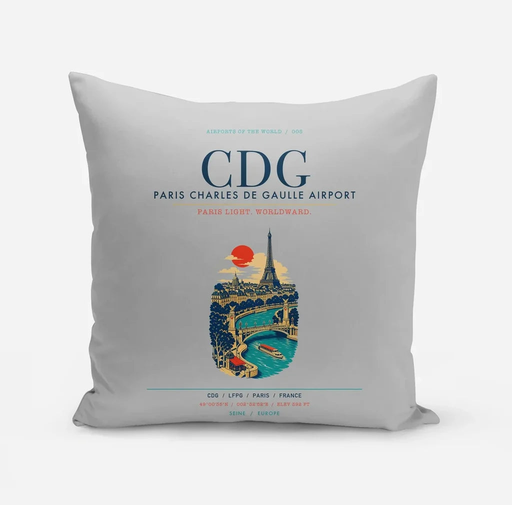 Paris Charles de Gaulle Airport (CDG) design on light gray pillow