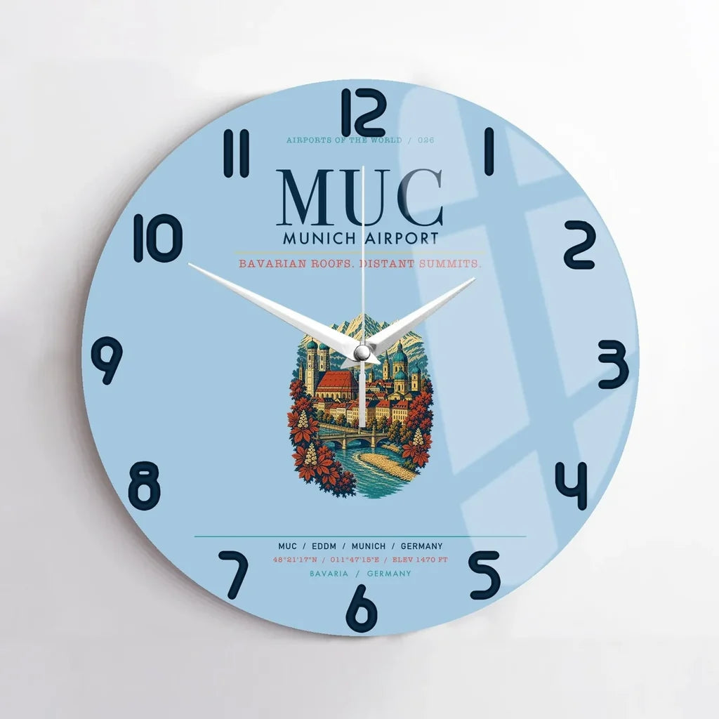 Munich Airport (MUC) design on light blue no frame wall clock
