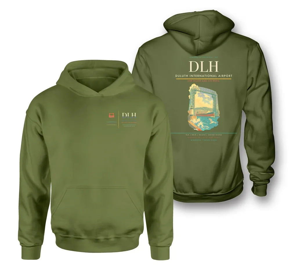 Duluth International Airport (DLH) design on green army double-side hoodie