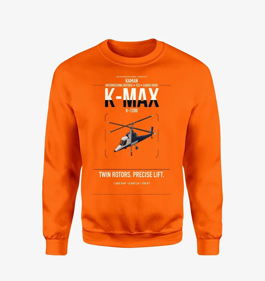 Kaman K-1200 K-MAX design on orange sweatshirt