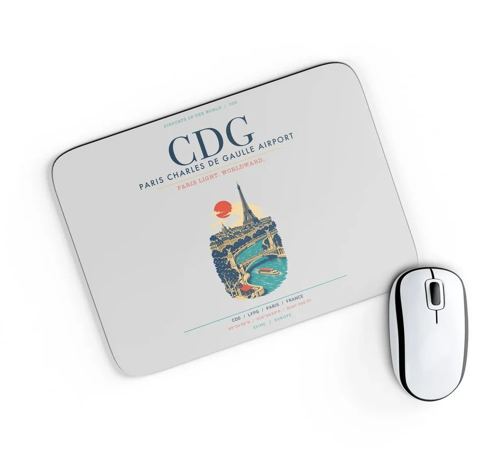 Paris Charles de Gaulle Airport (CDG) design on light gray rectangle mouse pad