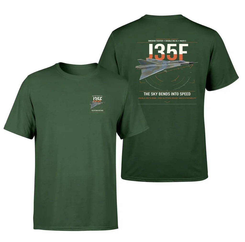 Saab J 35F Draken design on dark green t-shirt, double-side print